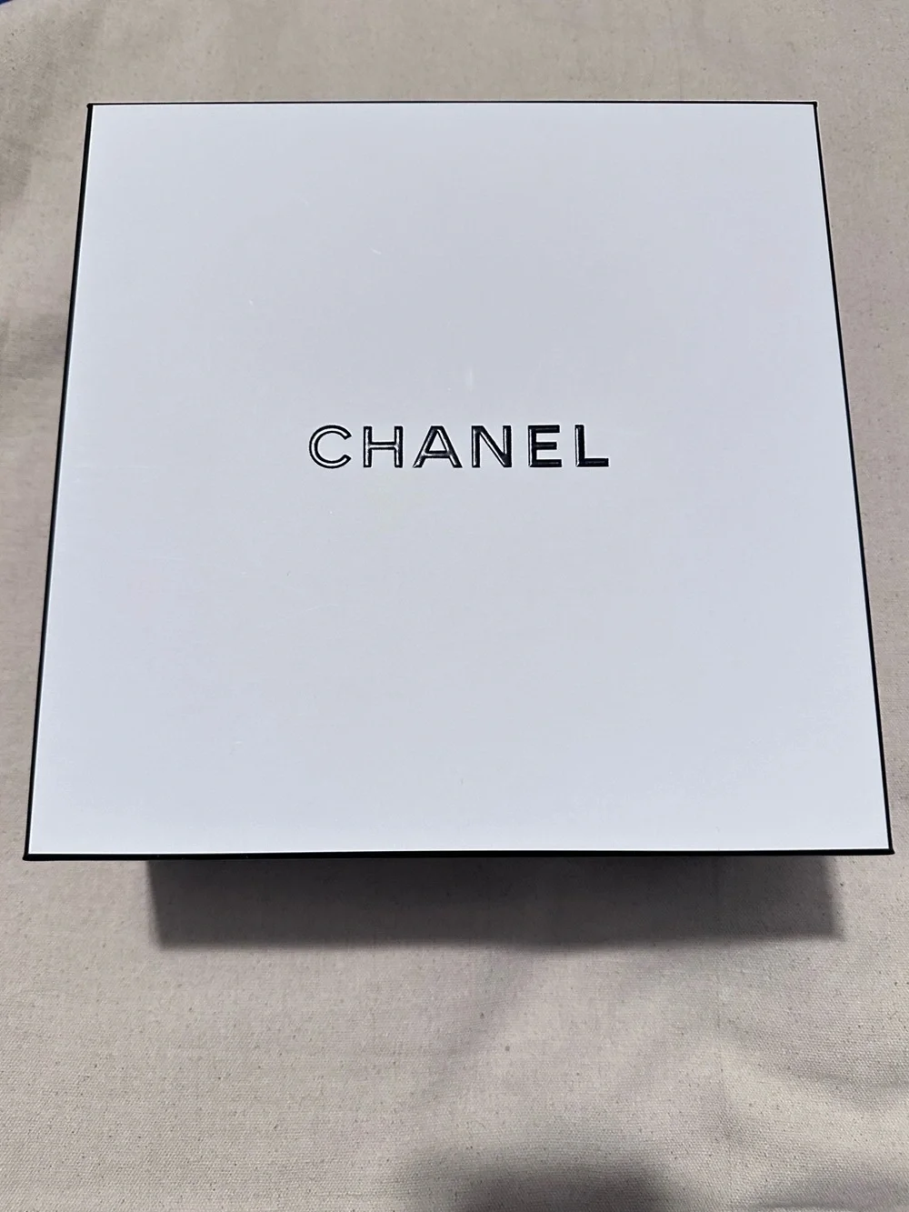 CHANEL | Box | Large Square White Box with Black Logo and Trim